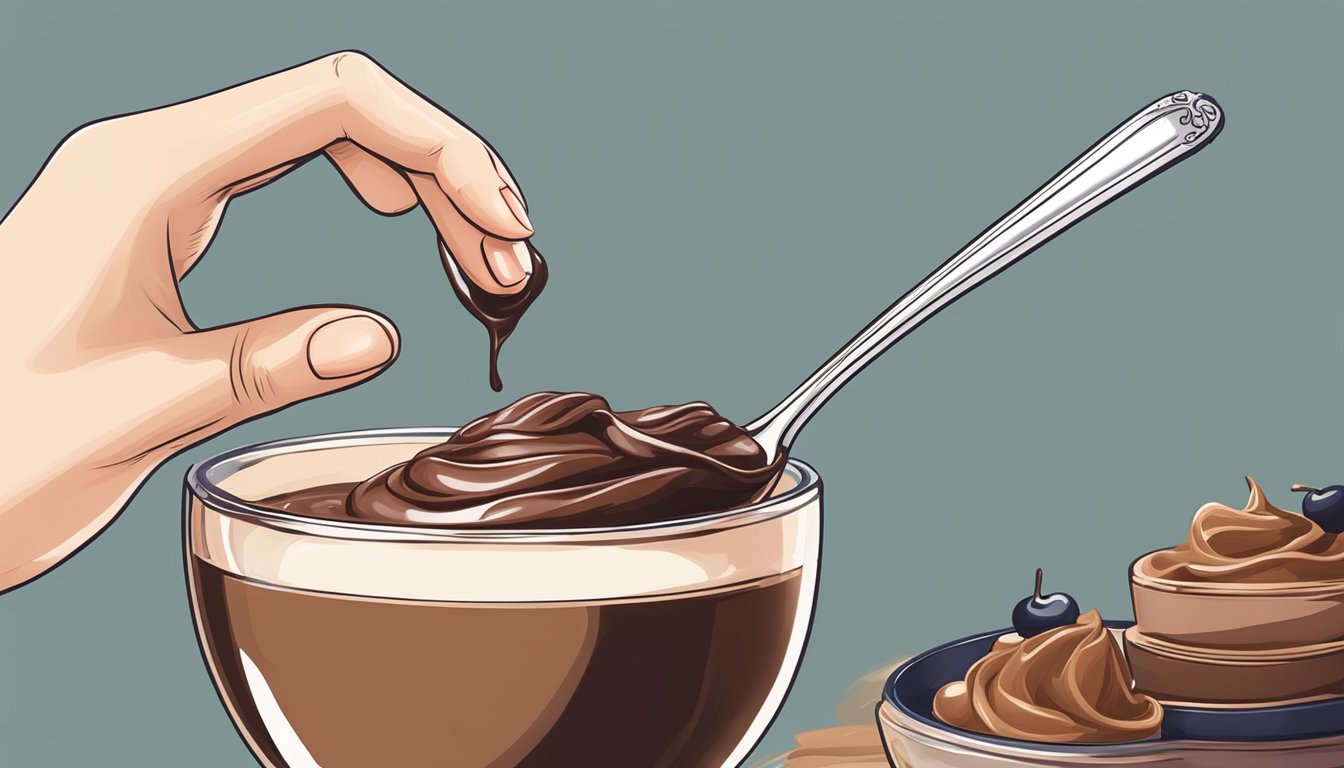 A pregnant woman's hand reaching for a spoonful of chocolate mousse, with a contented smile on her face