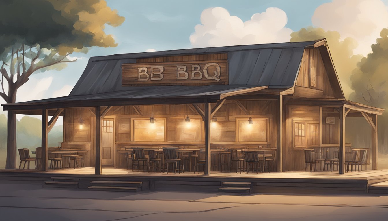 A rustic Texas BBQ joint with a weathered wooden exterior, smoke billowing from the pit, and a welcoming outdoor seating area