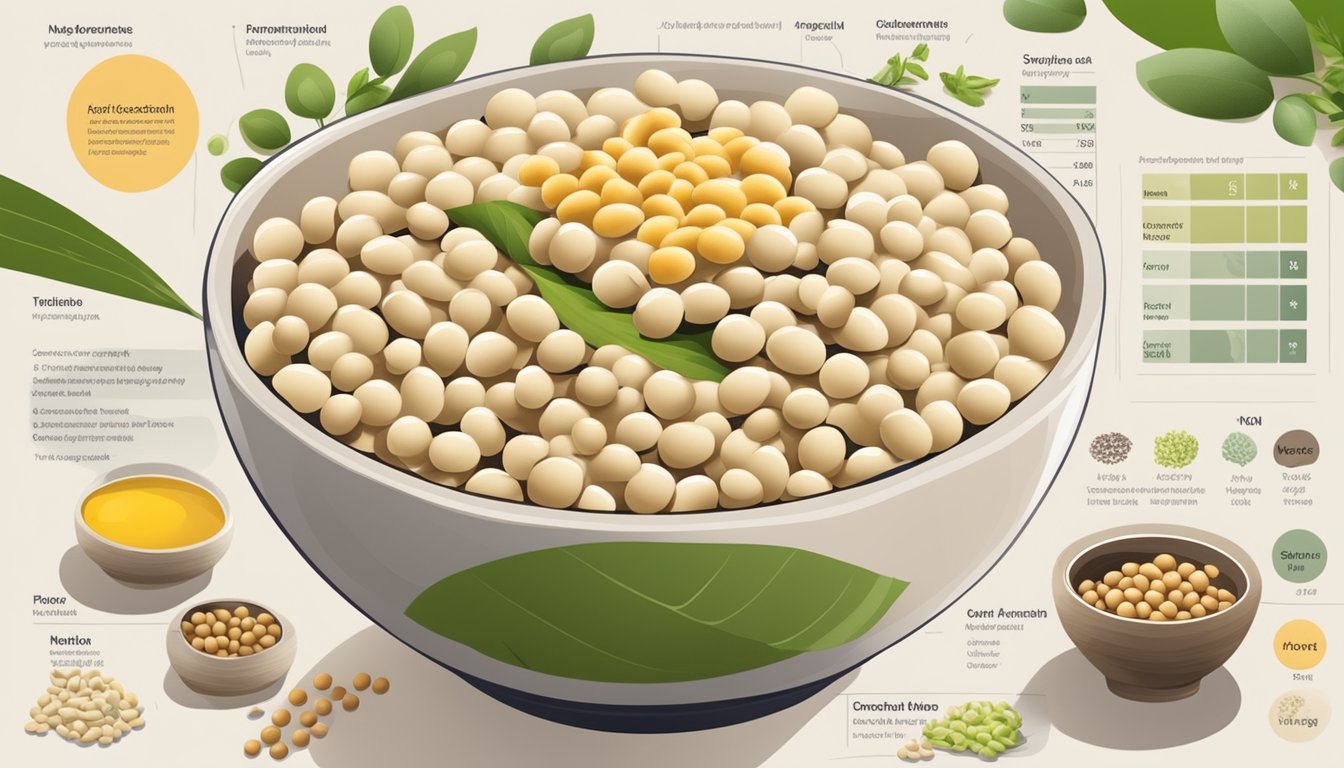 A bowl of natto surrounded by various ingredients like soybeans and a nutritional information chart