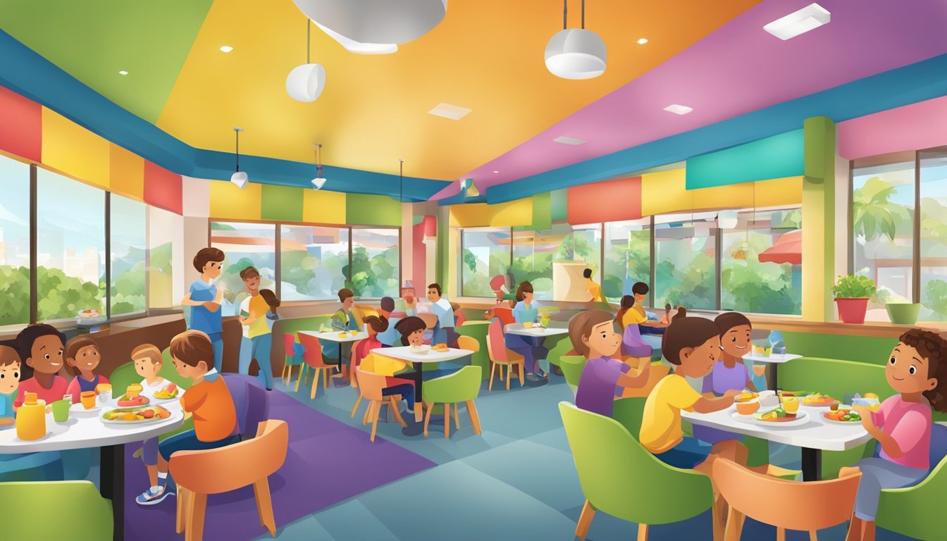 A bustling restaurant with colorful decor, a play area for kids, and families enjoying meals together