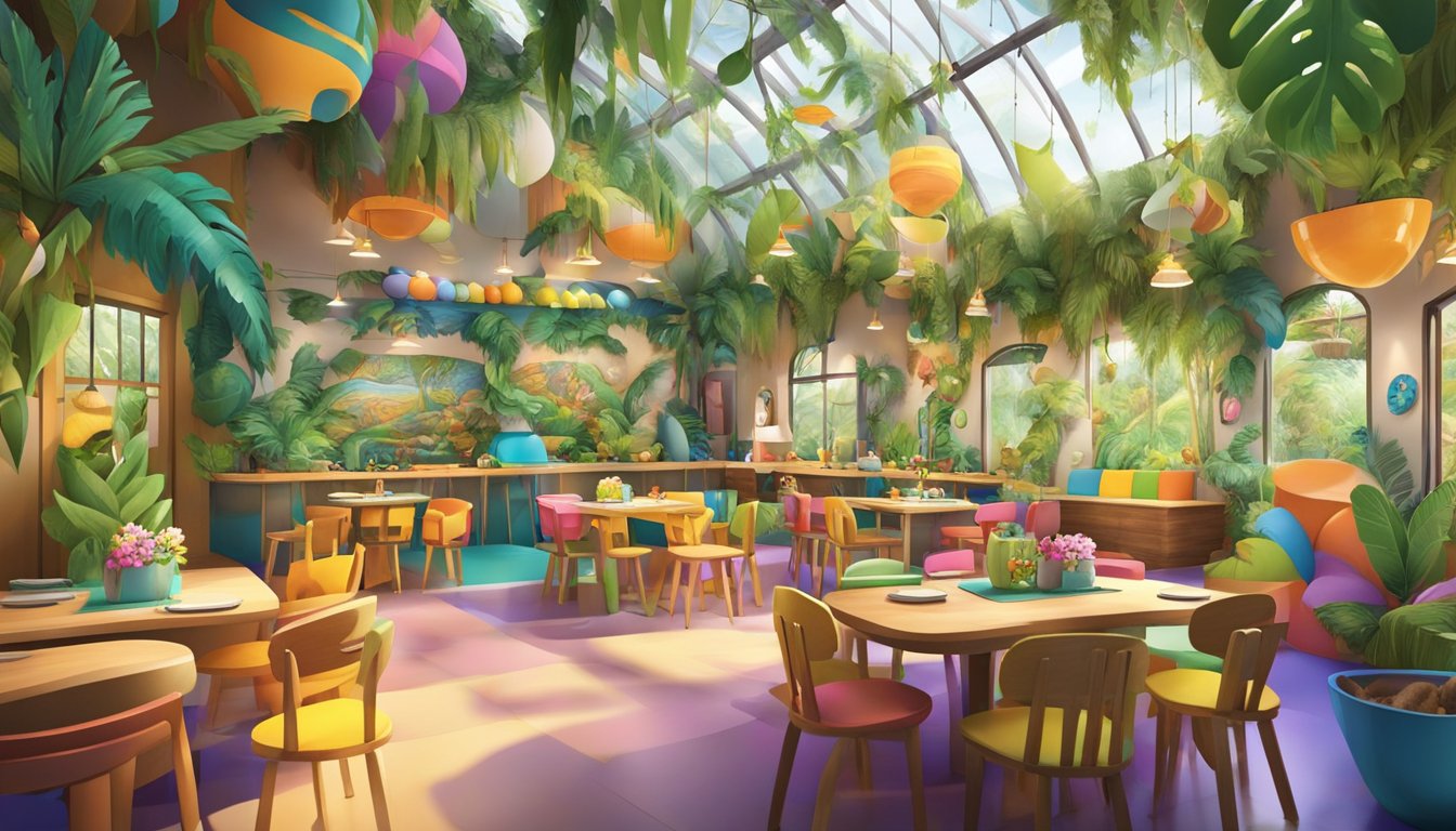 A vibrant jungle-themed restaurant with colorful decor, playful animal murals, and a large indoor play area for kids