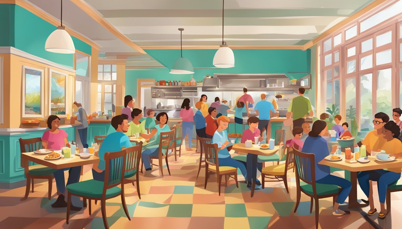 A bustling restaurant filled with families enjoying breakfast, colorful decor, and a friendly atmosphere