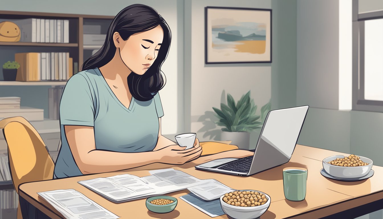 A pregnant woman sitting at a table, looking at a bowl of natto with a concerned expression. She is surrounded by informational pamphlets and a laptop open to a pregnancy website