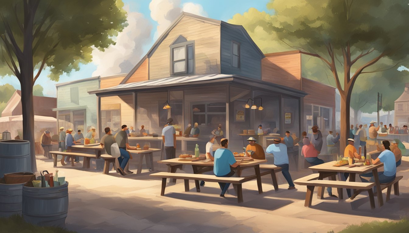 A bustling small town BBQ joint in Texas with smoke billowing from the outdoor pit and locals gathered around picnic tables enjoying their meals