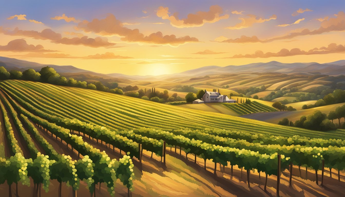 Rolling hills covered in lush vineyards, with historic wineries nestled among the landscape. A warm Texas sunset casts a golden glow over the rows of grapevines