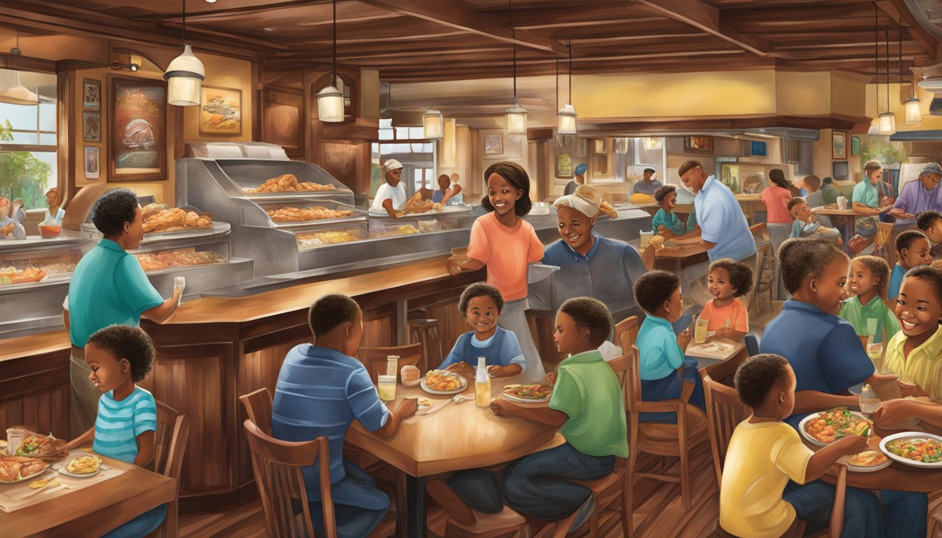 A bustling Pappadeaux Seafood Kitchen, with families enjoying a lively atmosphere and kids happily digging into their meals