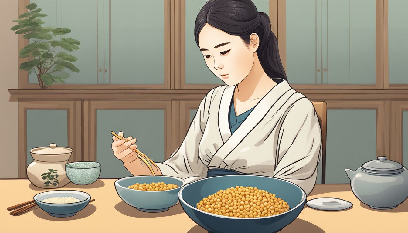 A pregnant woman sits at a table, a bowl of natto in front of her. She looks uncertain, holding her hand to her belly