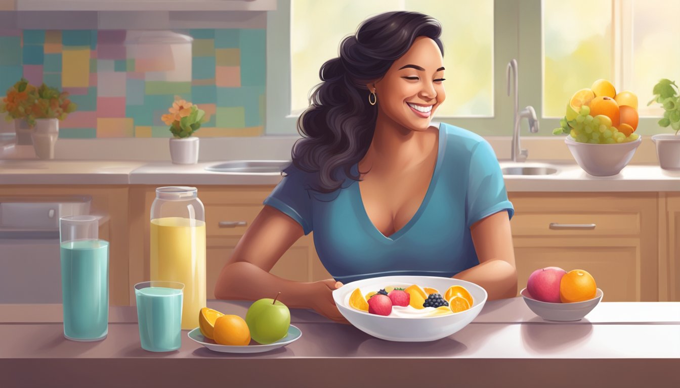 A pregnant woman sitting at a table, enjoying a bowl of colorful, fruit-flavored yogurt with a contented smile on her face