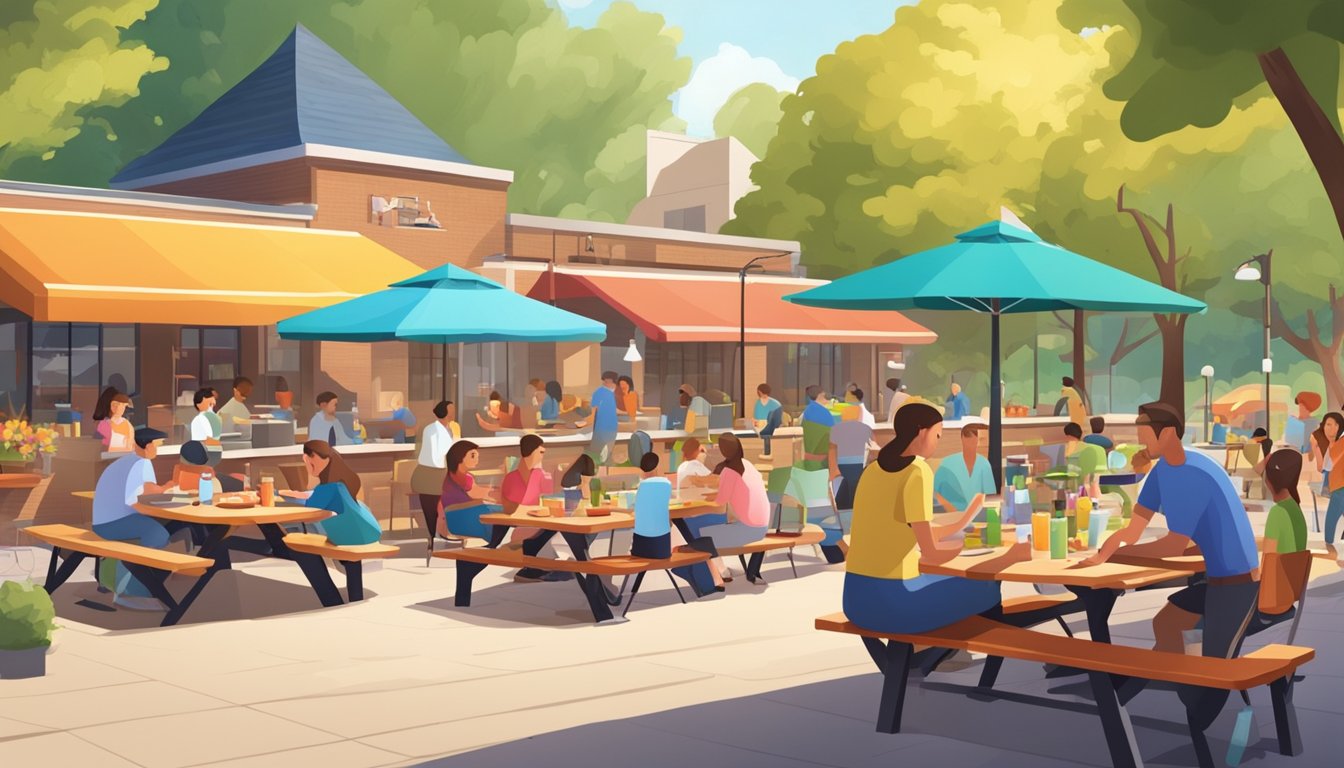 A bustling outdoor BBQ restaurant with colorful picnic tables, a playground, and families enjoying delicious food and sunny weather