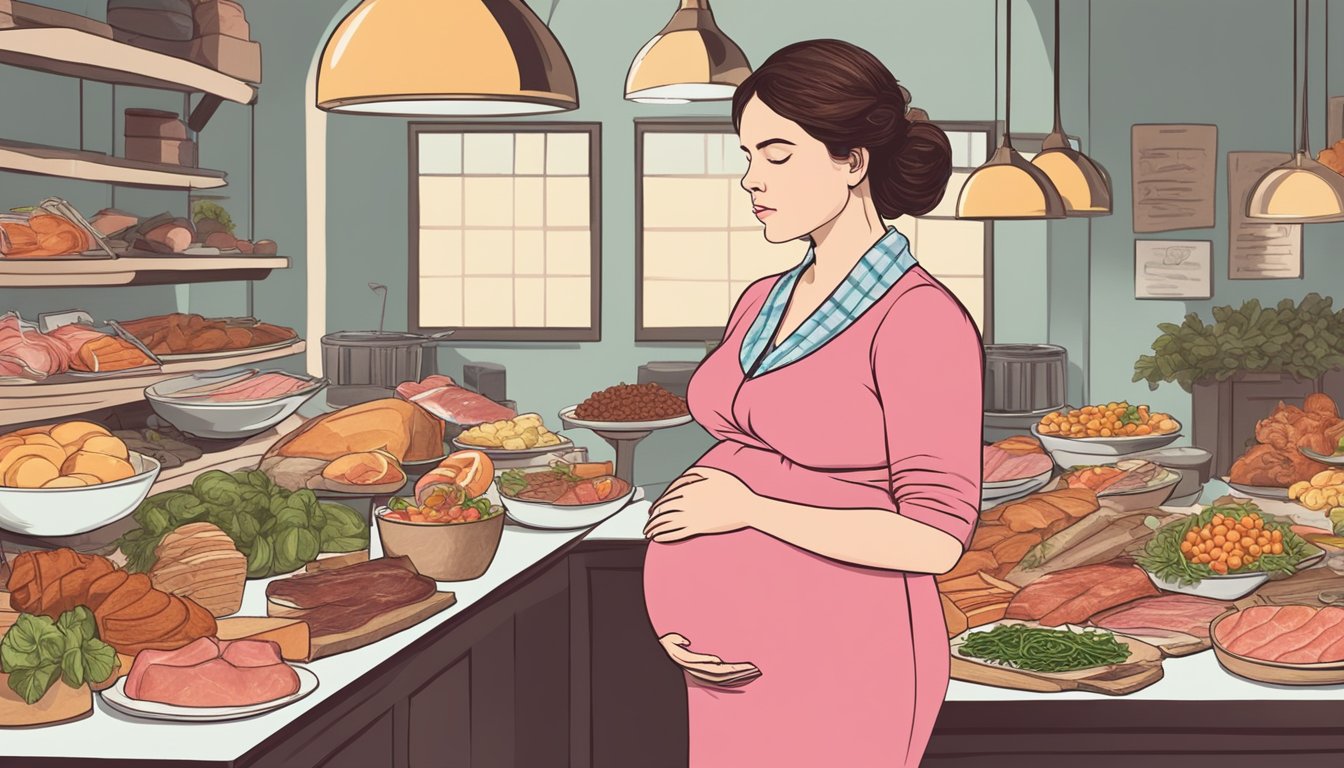 A pregnant woman standing in front of a table with a variety of foods, including prosciutto, while looking concerned and contemplating her choices