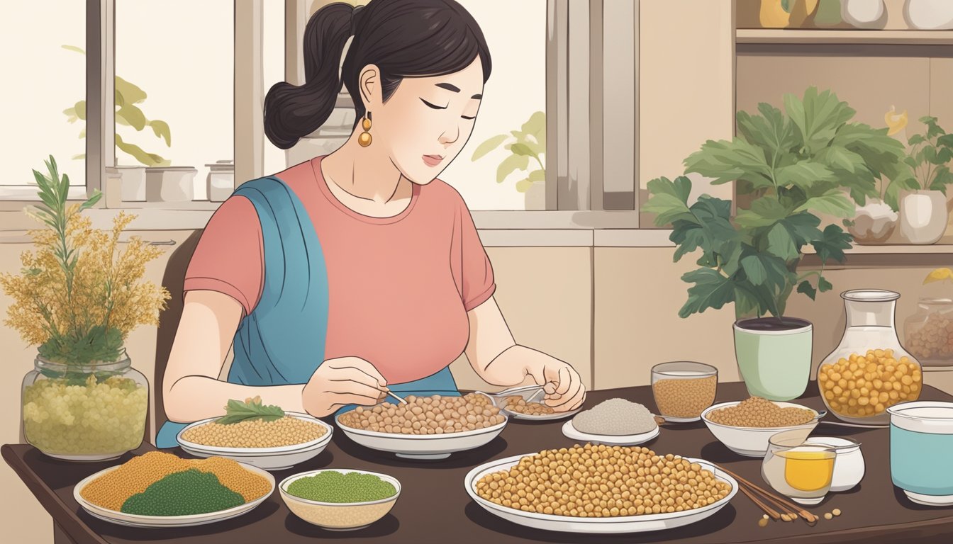 A pregnant woman sitting at a table, looking at a plate of natto with a questioning expression. A variety of alternative foods are displayed on the table