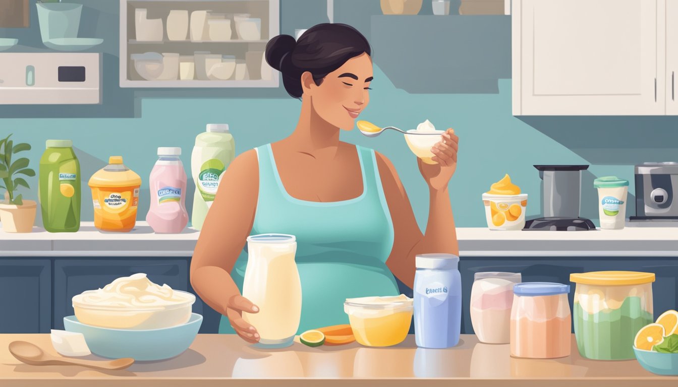 A pregnant woman holding a spoonful of flavored yogurt, surrounded by various types of yogurt containers on a kitchen counter