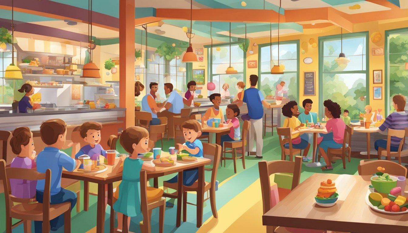 A bustling family restaurant with colorful decor, high chairs, and a play area. Families enjoy meals together while kids play and laugh