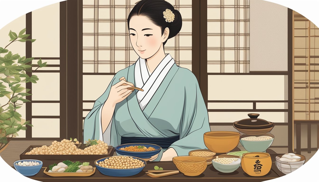 A pregnant woman in a traditional Japanese setting, with a bowl of natto and various other foods on a table, showcasing cultural and dietary considerations