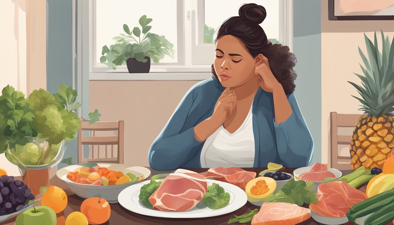 A pregnant woman sitting at a dining table, looking at a plate of prosciutto with a concerned expression. Various fruits and vegetables are also on the table