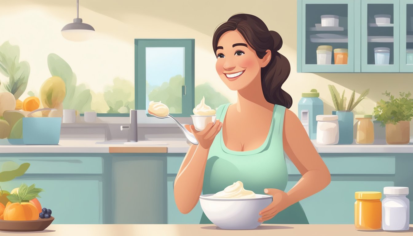 A pregnant woman holding a bowl of flavored yogurt, smiling and looking content as she takes a spoonful. A doctor or nutritionist could be standing nearby, giving a thumbs up