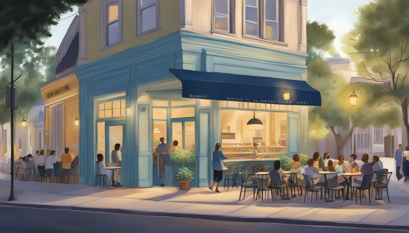 The Moonlight Bakery in Austin, bustling with brunch-goers under the soft glow of moonlight, with outdoor seating and a charming storefront