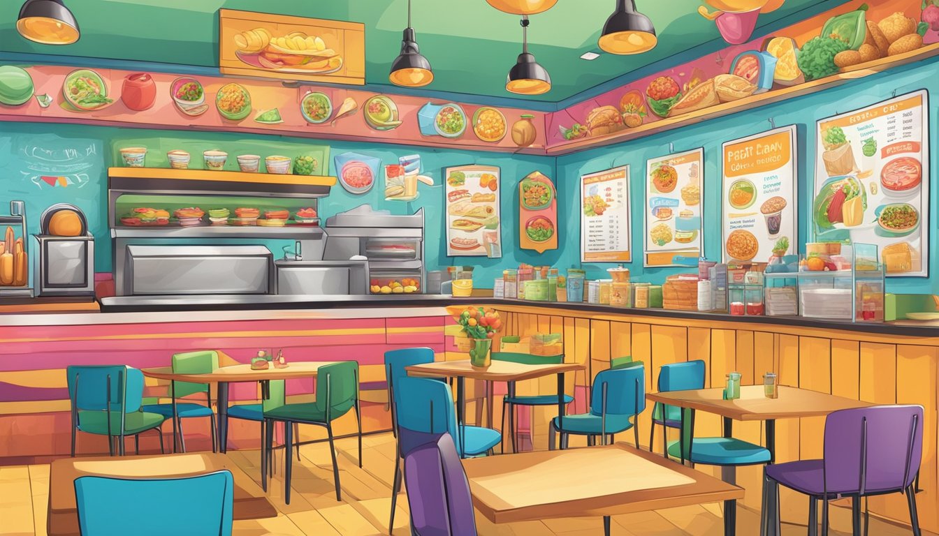 A colorful menu board with playful illustrations and kid-friendly food options displayed in a vibrant restaurant setting