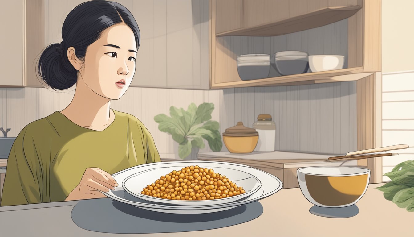 A pregnant woman hesitantly reaching for a plate of natto with a concerned expression on her face