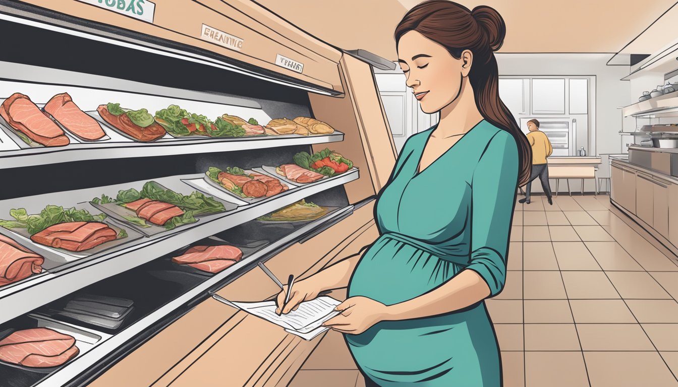 A pregnant woman holding prosciutto while looking at a list of food safety guidelines and alternative options