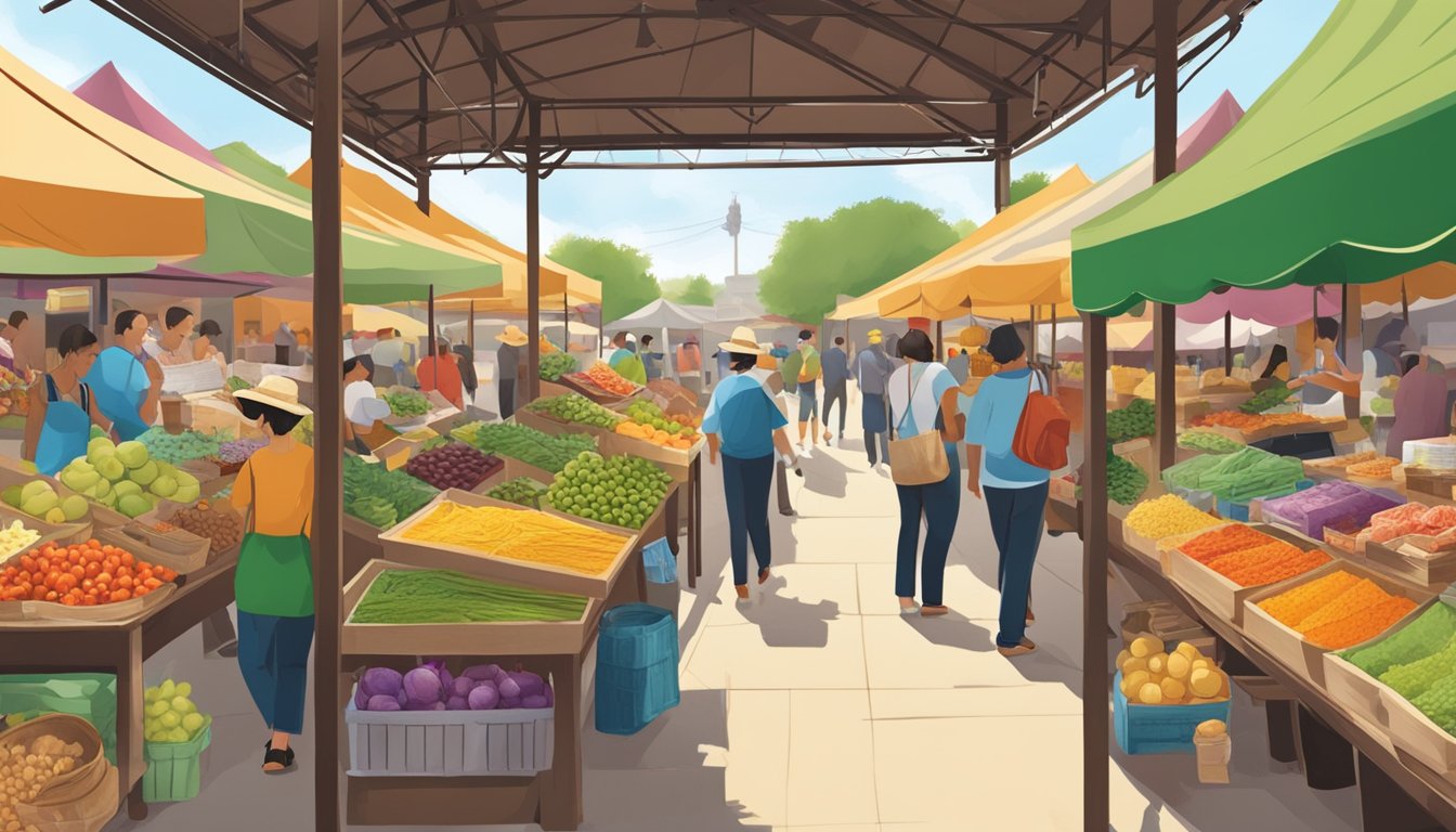 A bustling farmer's market with colorful stalls and delicious aromas, showcasing Ming's Thing and other artisan food companies in San Antonio