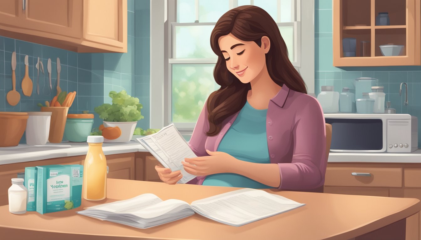 A pregnant woman sits at a kitchen table, holding a container of flavored yogurt. A doctor's note and a pregnancy book are nearby