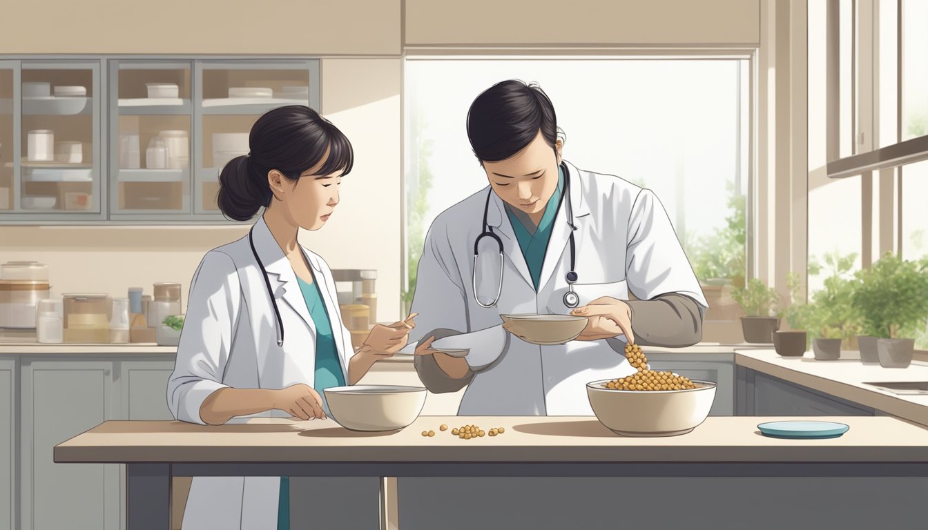 A pregnant woman looks at a bowl of natto with uncertainty, while a doctor nods in approval