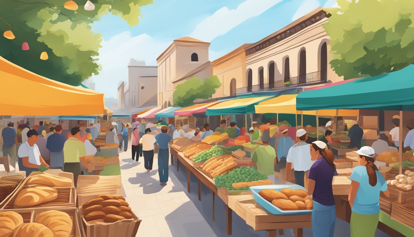 A bustling outdoor market with colorful stalls selling fresh, artisanal bread and other gourmet food products in San Antonio