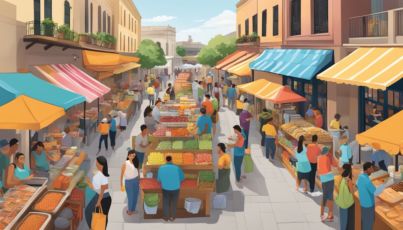 A bustling market with colorful food stalls and lively customers in San Antonio, showcasing Carbónn's artisan food companies