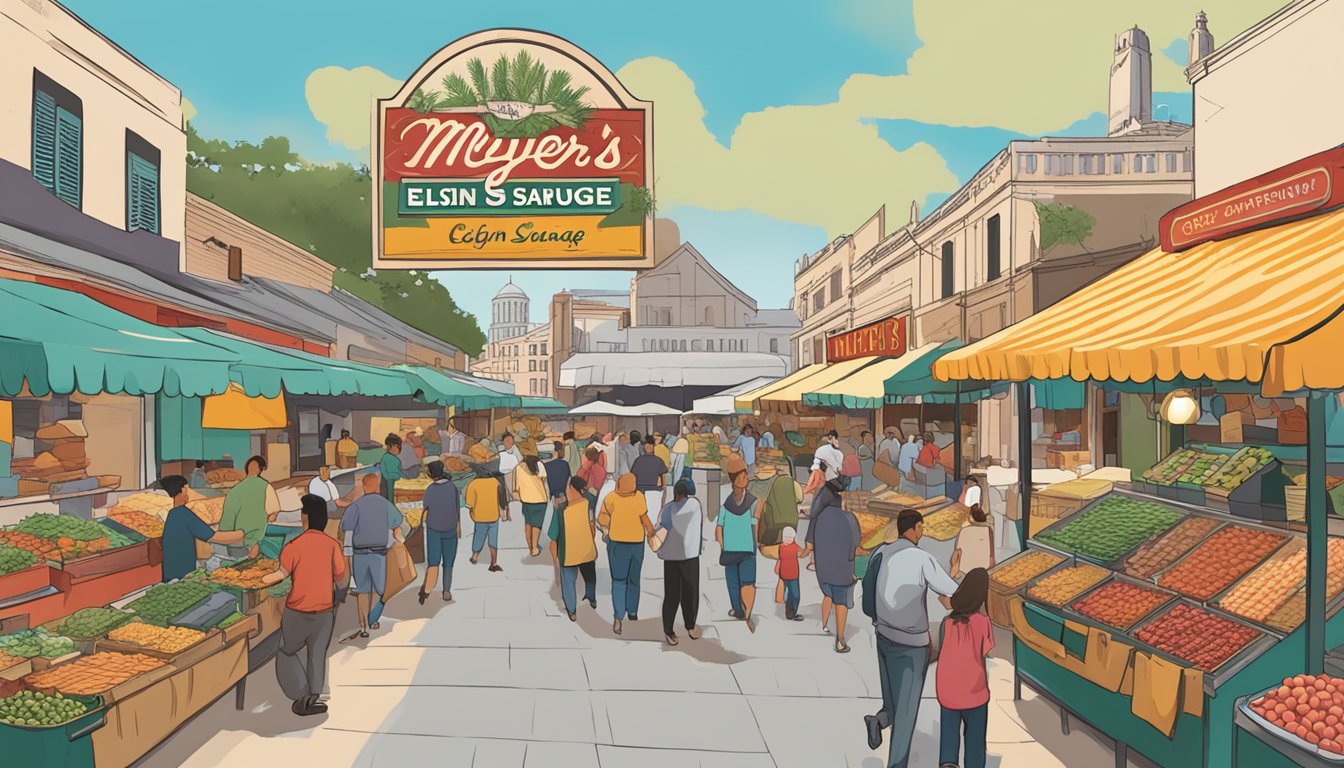 A bustling San Antonio marketplace with colorful food stalls and a prominent sign for Meyer’s Elgin Sausage