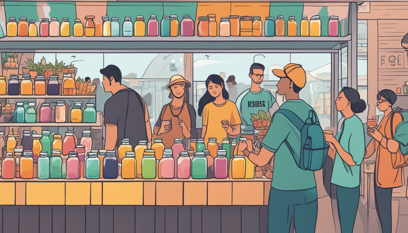 A bustling market stall with colorful jars of kombucha, surrounded by eager customers sampling and purchasing the probiotic drink