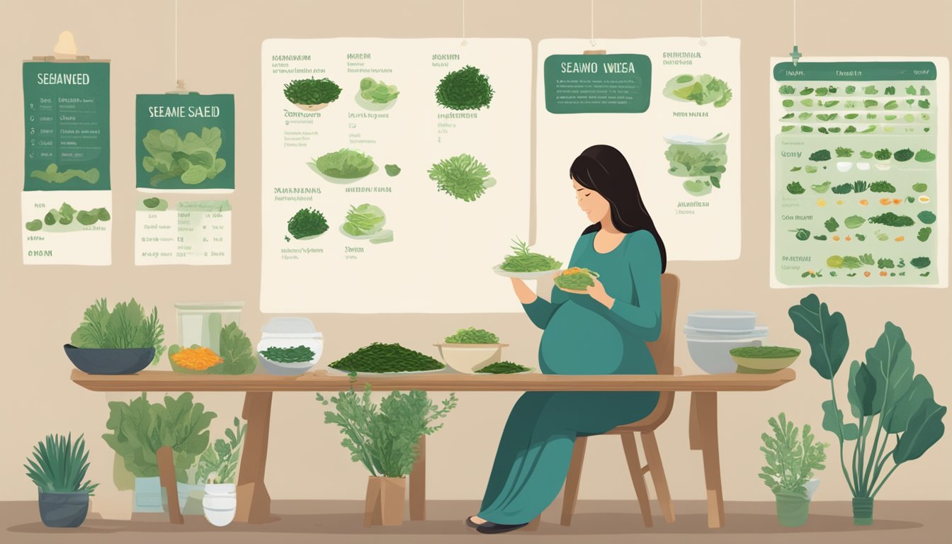 A pregnant woman sitting at a table with a variety of seaweed dishes and a nutrition chart displayed on the wall