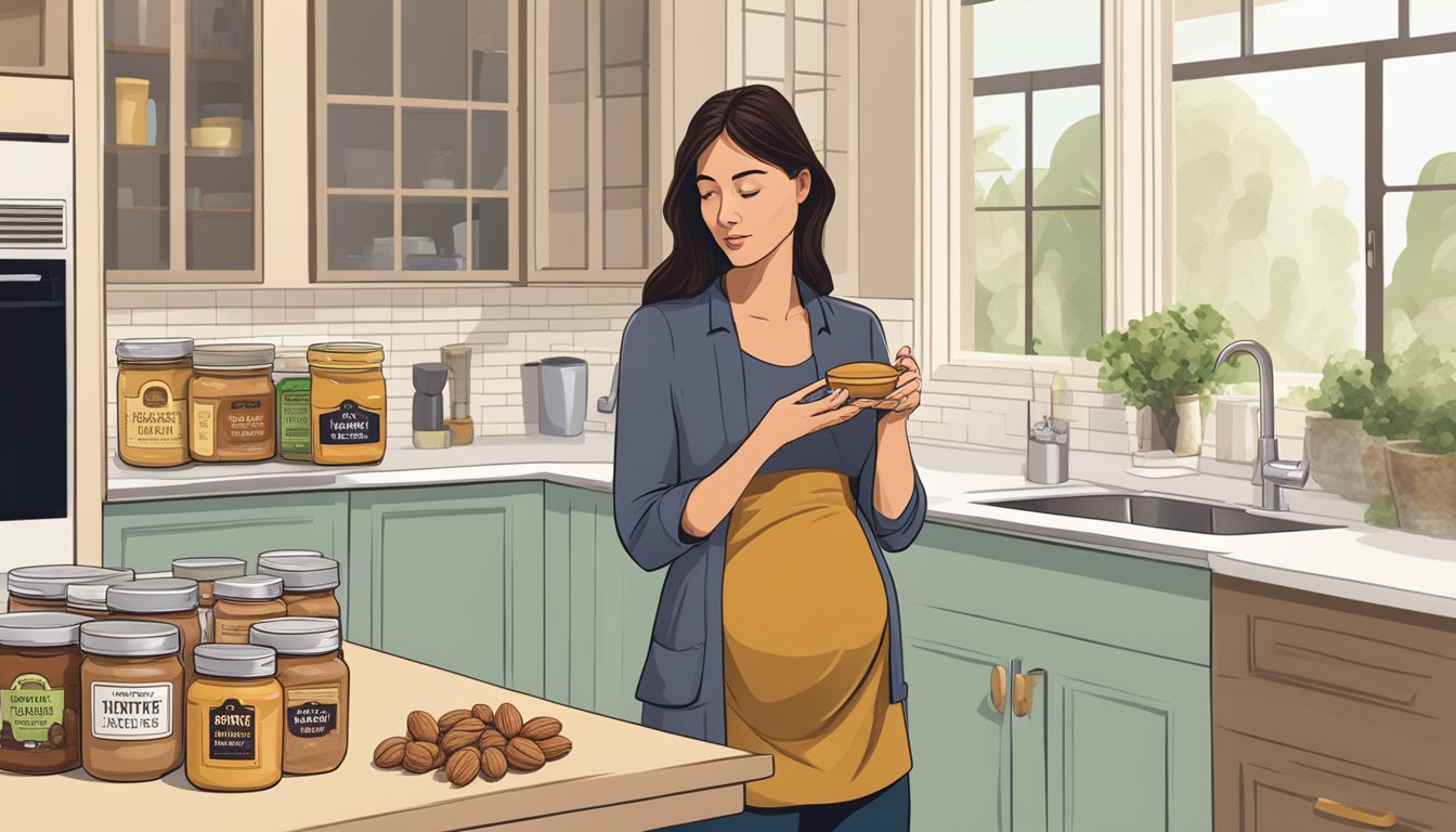 A pregnant woman standing in a kitchen, holding a jar of raw nut butter and looking at the label with a concerned expression. A variety of nut butters are displayed on the counter