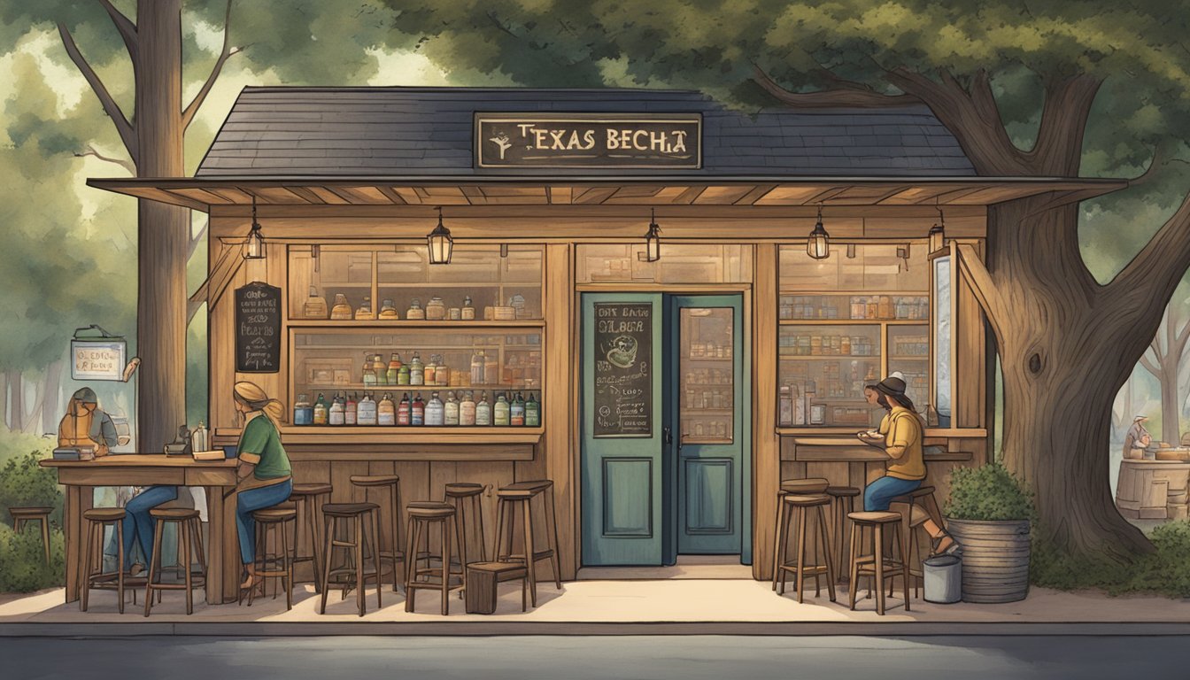 A cozy, rustic storefront nestled among towering oak trees, with a chalkboard sign advertising "Texas' Best Kombucha" and a line of customers eagerly waiting outside