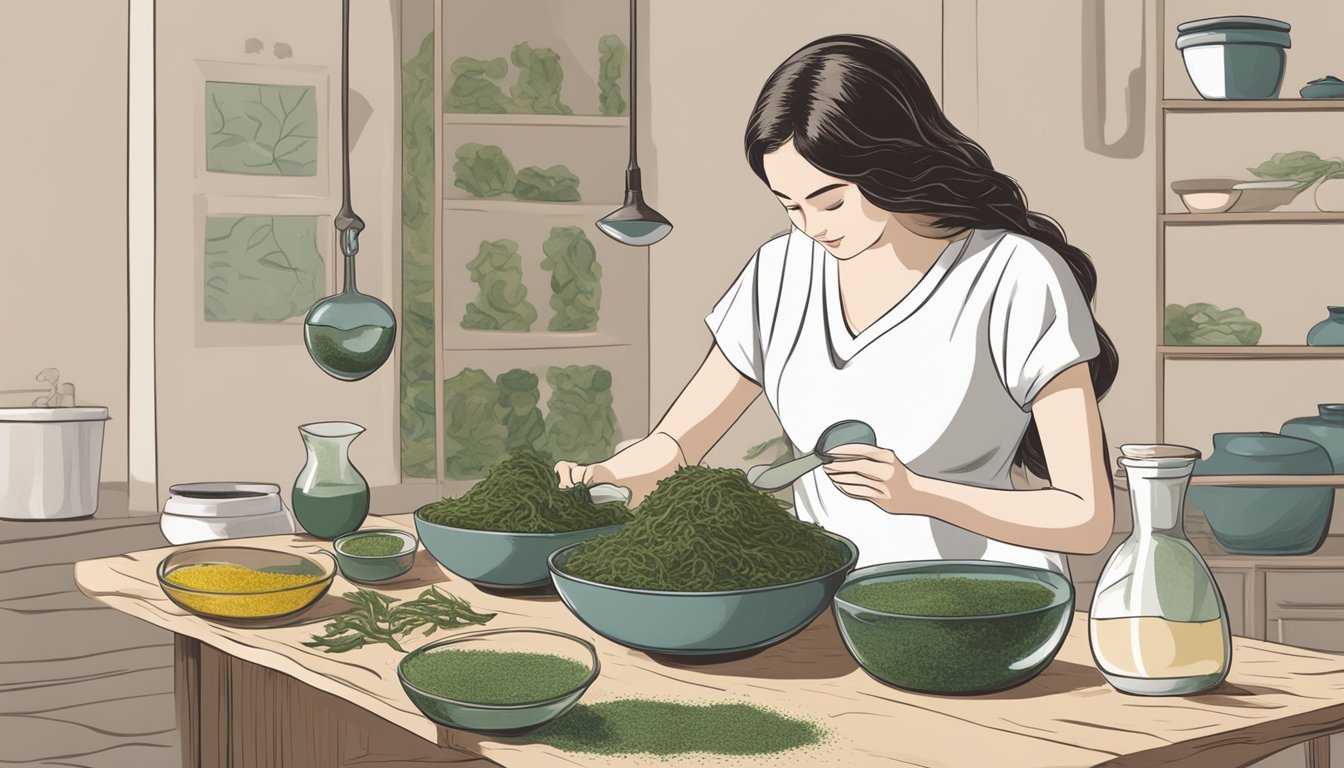 Various types of seaweed arranged on a table, with a mortar and pestle nearby for grinding. A pregnant woman looks at the seaweed with curiosity