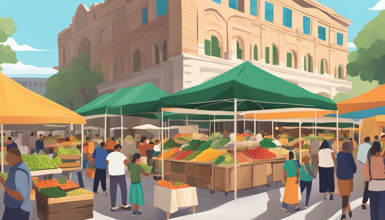 A bustling farmers market with colorful stalls selling artisan food products in San Antonio