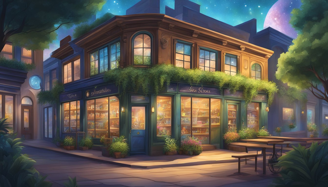 A rustic storefront with a vibrant mural of swirling galaxies and cosmic imagery, surrounded by lush greenery and a welcoming atmosphere