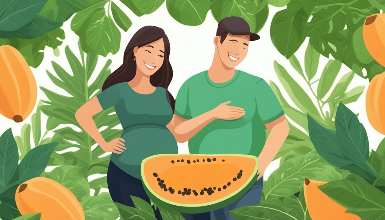 A ripe papaya surrounded by green leaves, with a pregnant woman in the background smiling and holding her belly