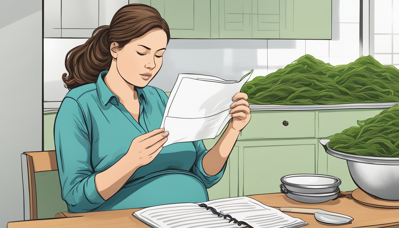 A pregnant woman holds a bowl of seaweed, looking concerned while reading a safety information sheet