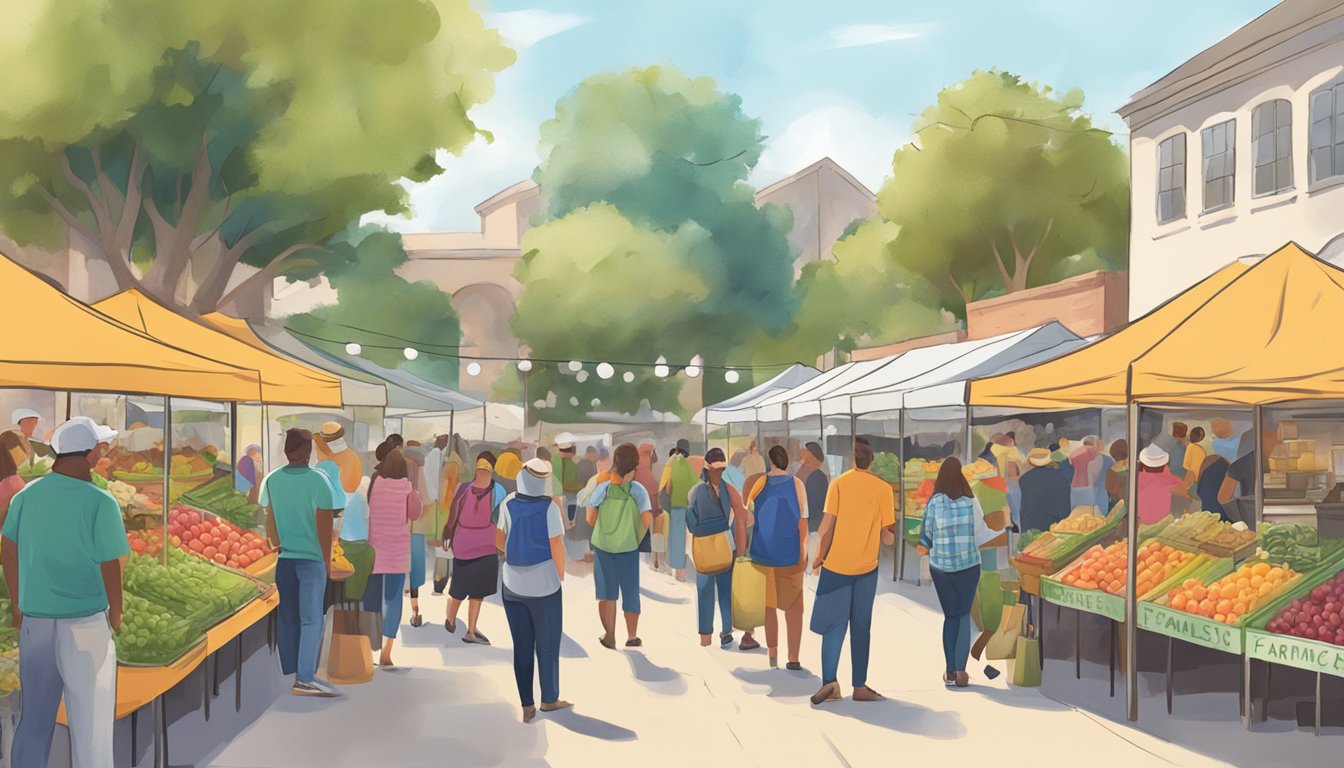 A bustling farmers market with colorful kombucha vendors and eager customers in San Marcos, Texas