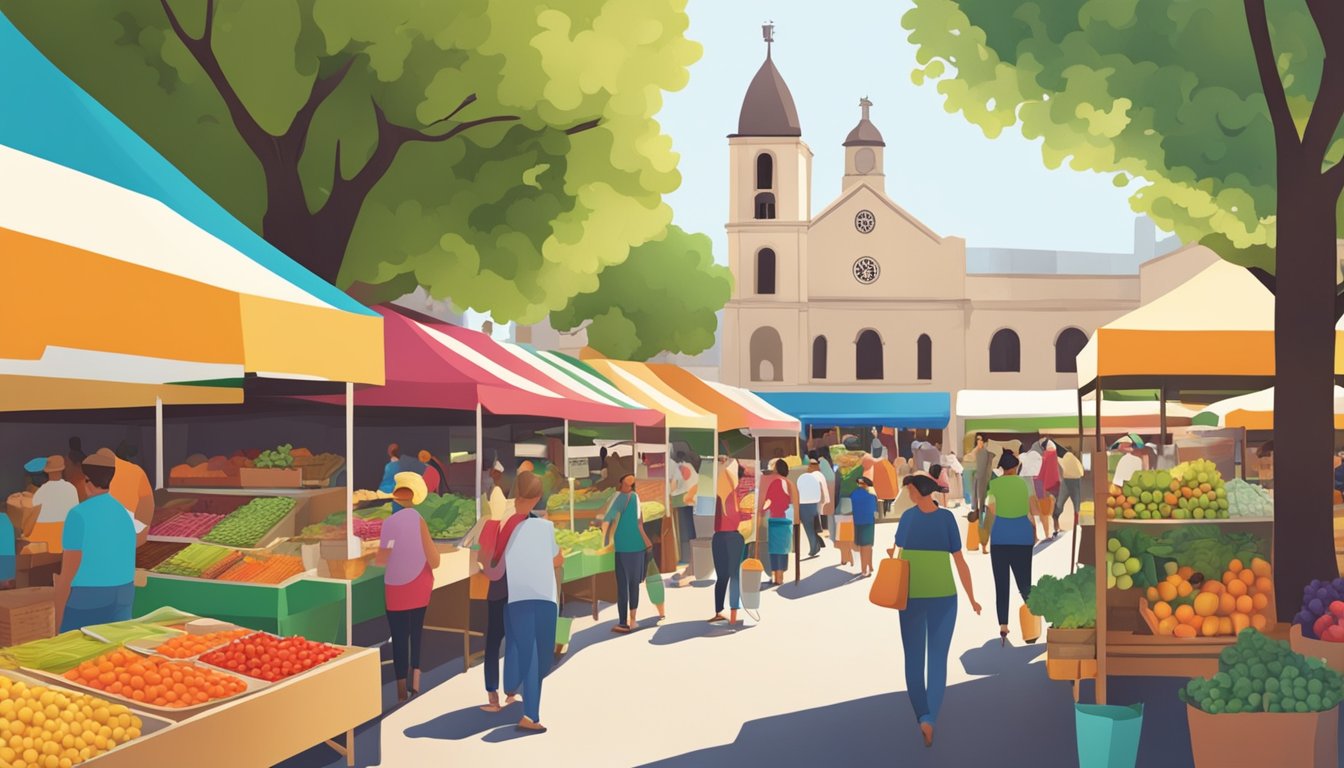 A bustling farmers market with colorful stalls showcasing a variety of artisan food products in San Antonio