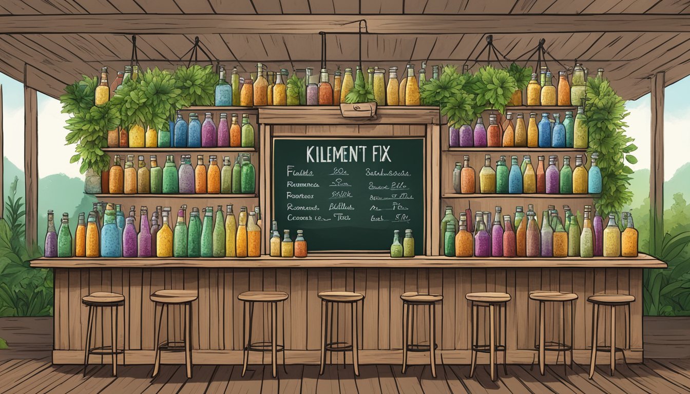 A rustic wooden bar with rows of colorful kombucha bottles, surrounded by lush greenery and a chalkboard sign reading "Killeen's Ferment Fix."