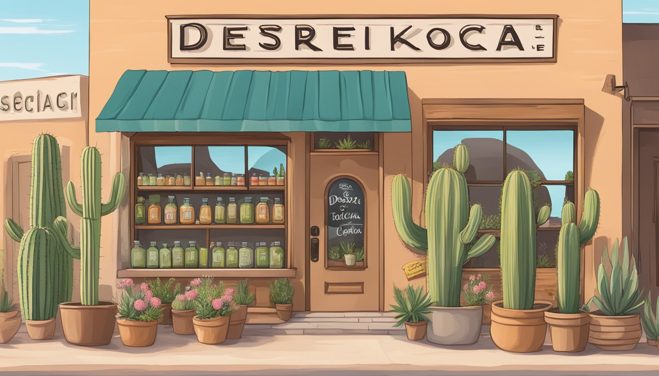 A rustic storefront in El Paso, surrounded by cacti and desert flowers. A sign reads "Desert Rose Kombucha" with a line of customers out the door