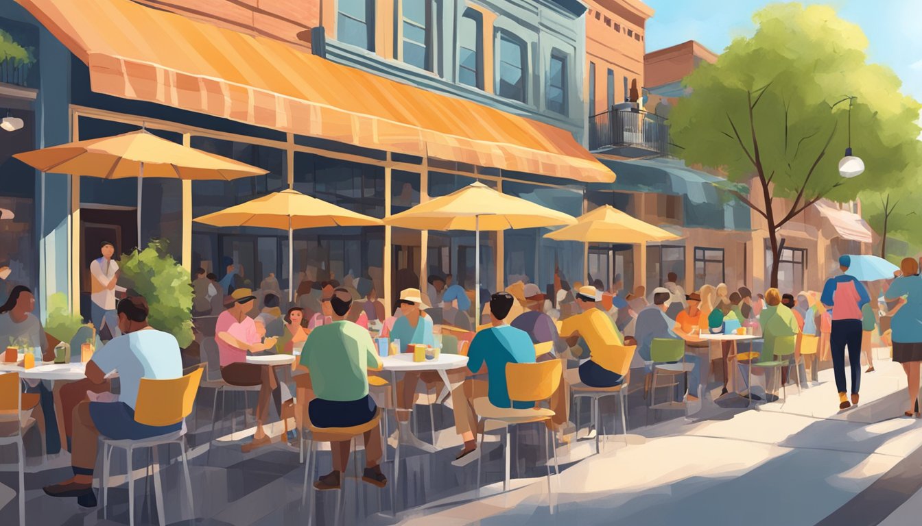 A cozy cafe with outdoor seating, colorful umbrellas, and a bustling crowd enjoying brunch on a sunny day in Denton, Texas