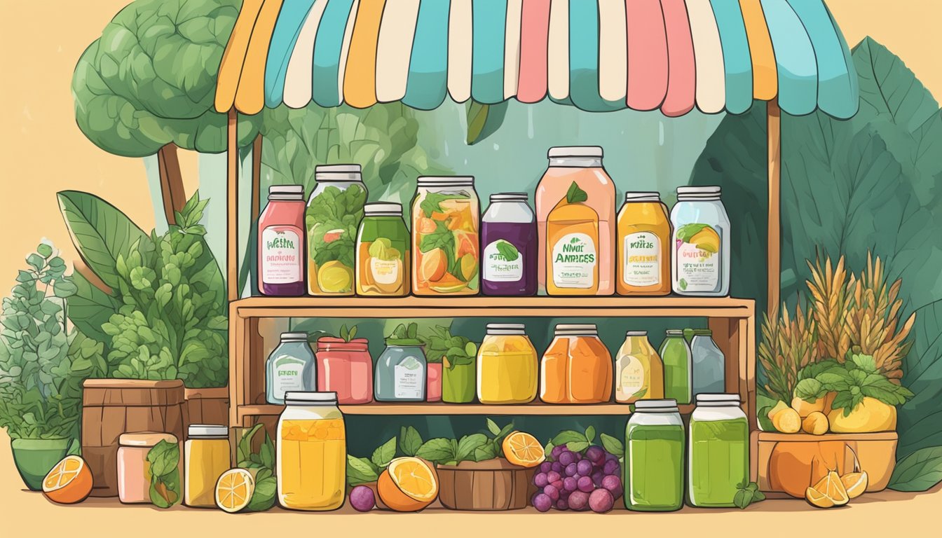 A colorful farmers market stall filled with various flavored kombucha bottles, surrounded by fresh fruits and herbs