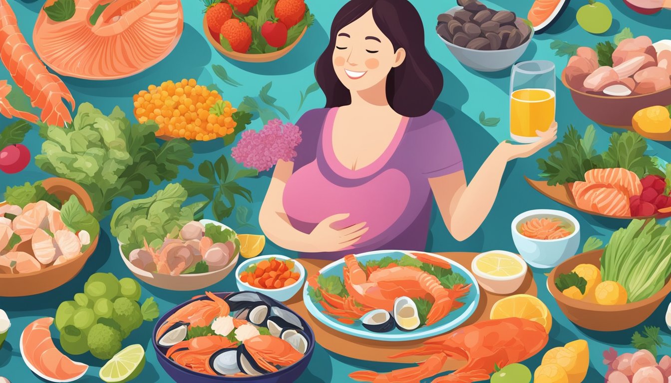 A pregnant woman enjoying a variety of seafood, including fish and shellfish, on a colorful plate surrounded by vibrant fruits and vegetables