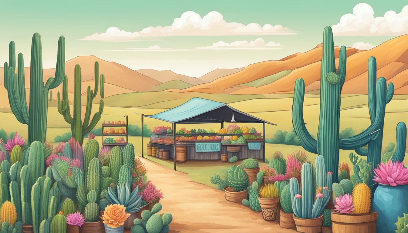 Rolling hills of Texas landscape with cacti and cowboy boots. A colorful market stall displays an array of unique kombucha flavors