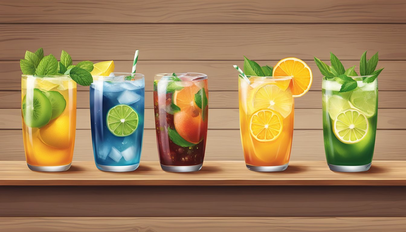 A row of four unique specialty drinks arranged on a wooden table, each drink garnished with different fruits and herbs to represent their distinct flavor profiles