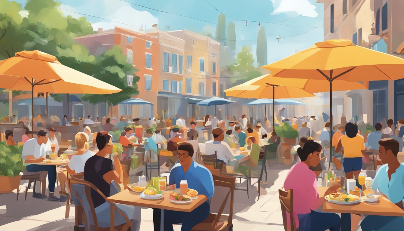 A bustling brunch spot with outdoor seating, colorful umbrellas, and a variety of food and drink options. The sun is shining and people are enjoying their meals