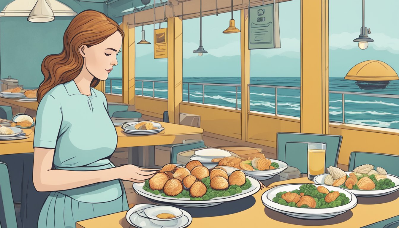 A pregnant woman hesitantly looks at a plate of scallops, while a caution sign with a seafood icon hovers above the dish